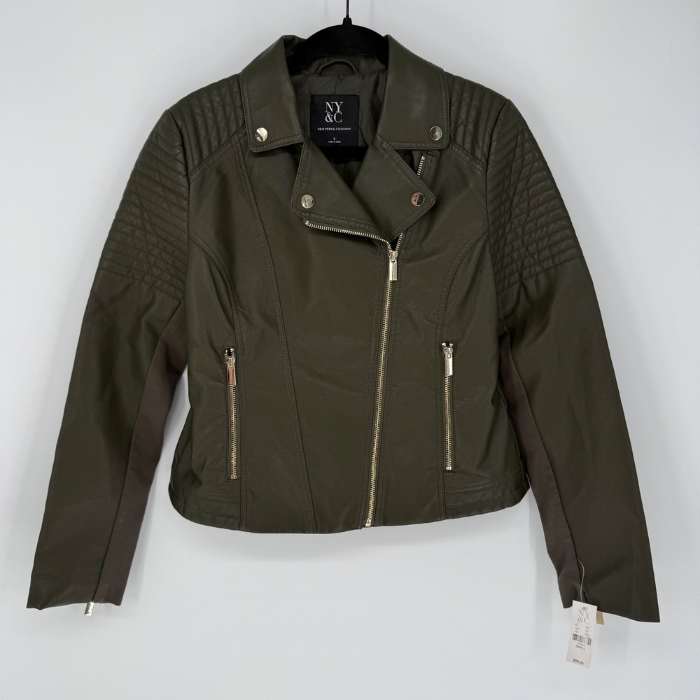 NEW YORK & COMPANY OLIVE GREEN FAUX LEATHER MOTO GOLD HARDWEAR JACKET  NWT SMALL